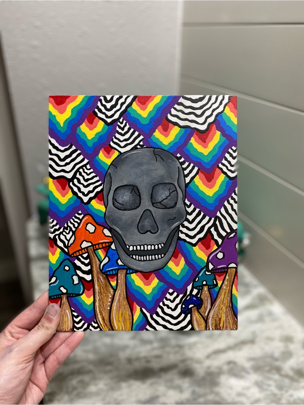 Colorful Skull and Mushroom Canvas Board Art - Picture 3 of 5